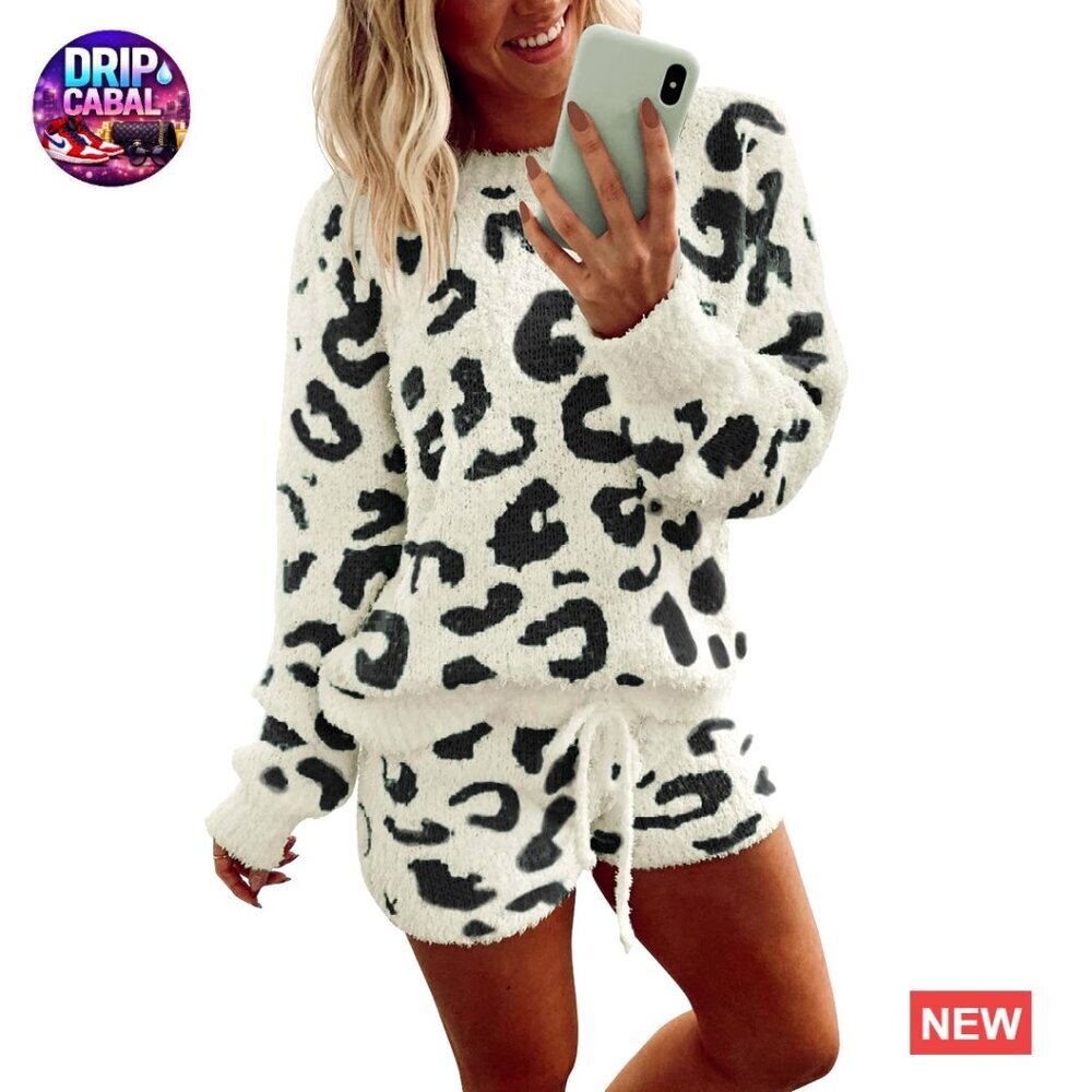 Fuzzy Fleece Pajama Set Long Sleeve Sweater Top and Shorts Cozy Lounge Wear